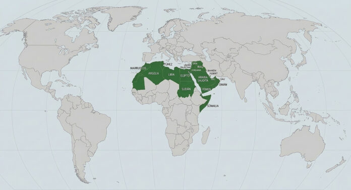 Un mapa mundial político minimalista que resalta en verde bosque intenso el bloque contiguo de países de Oriente Medio y el norte de África, incluidos Marruecos, Argelia, Egipto y Arabia Saudita, con sus nombres claros en español. Esta imagen ilustra la extensión geográfica del árabe y cómo aprender árabe egipcio abre las puertas a una comunicación culturalmente comprendida en toda esta vasta región