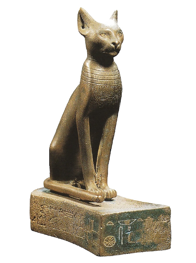 Estatua de bronce de un gato sentado que representa a la diosa egipcia Bastet, símbolo de protección y maternidad