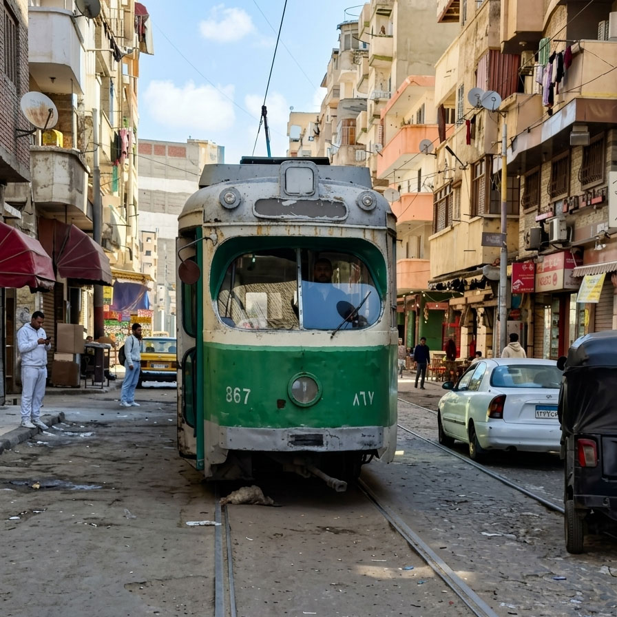 Tranvía tradicional verde en Alejandría, uno de los medios de transporte en Egipto más antiguos y emblemáticos