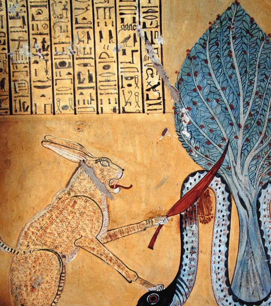 Pintura en la tumba de Sennedjem que muestra a un gato sagrado decapitando a la serpiente Apofis, simbolizando la victoria del orden sobre el caos.