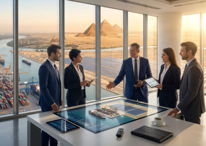 Un equipo de ejecutivos reunidos en un rascacielos analizando proyectos sobre una mesa digital con vistas a infraestructuras, puertos y pirámides, representando el potencial de la inversión en Egipto