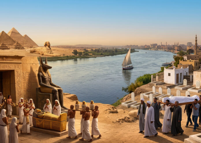 Una imagen compuesta que narra la historia de la muerte en Egipto, dividida por el río Nilo. A la izquierda, el antiguo Egipto con las pirámides, un templo, una estatua de Anubis y una procesión con una momia. A la derecha, el Egipto moderno con una ciudad y un cementerio con un féretro, mostrando la evolución de las tradiciones funerarias