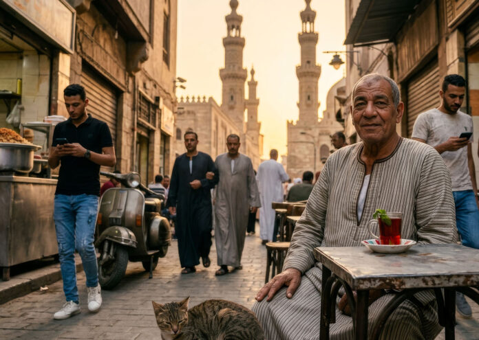 Un hombre egipcio en galabeya juega al backgammon mentre jóvenes pasan con teléfonos en una calle del Cairo, ilustrando las costumbres egipcias