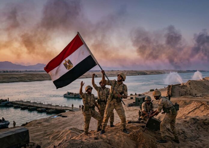 Soldados egipcios izando la bandera nacional a orillas del Canal de Suez durante la Guerra del 6 de Octubre