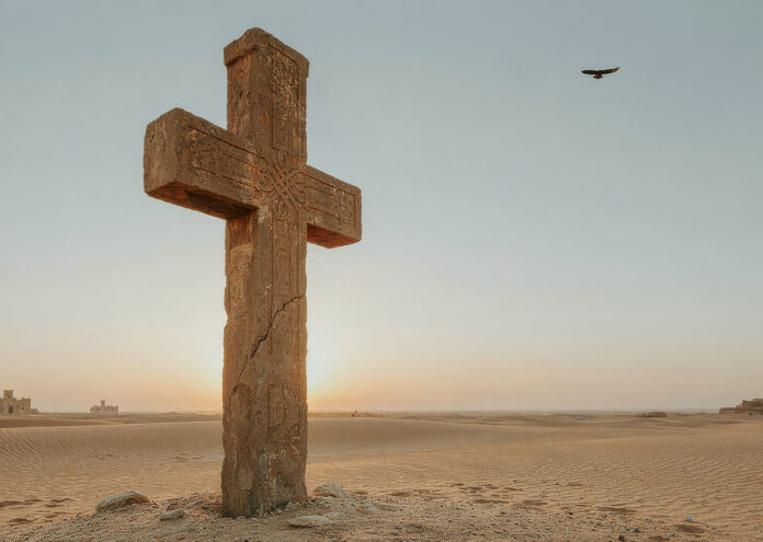 Cruz monumental de piedra grabada en las dunas del desierto frente al sol naciente, representativa de la historia de las iglesias más famosas de Egipto